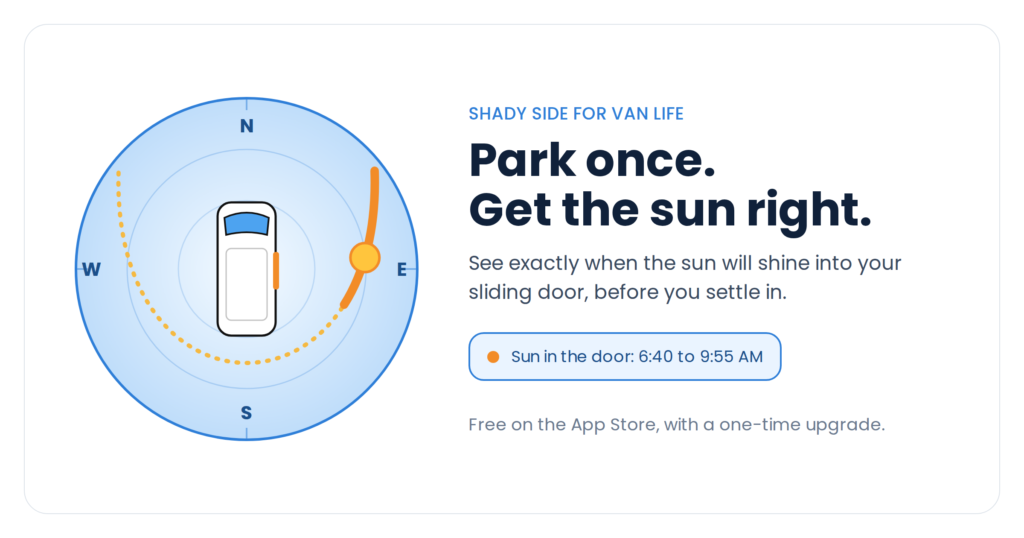 Shady Side for Van Life app showing when the sun will shine into a van's sliding door