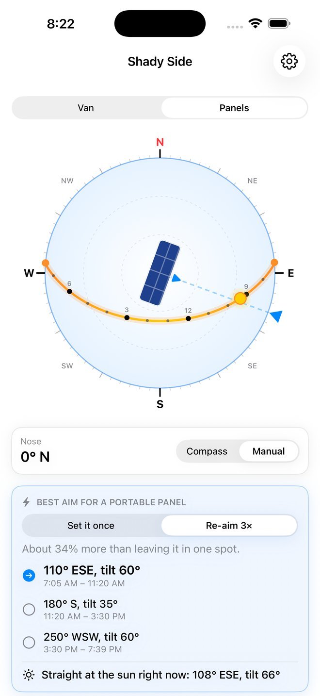 Shady Side panels mode showing where to aim a portable solar panel
