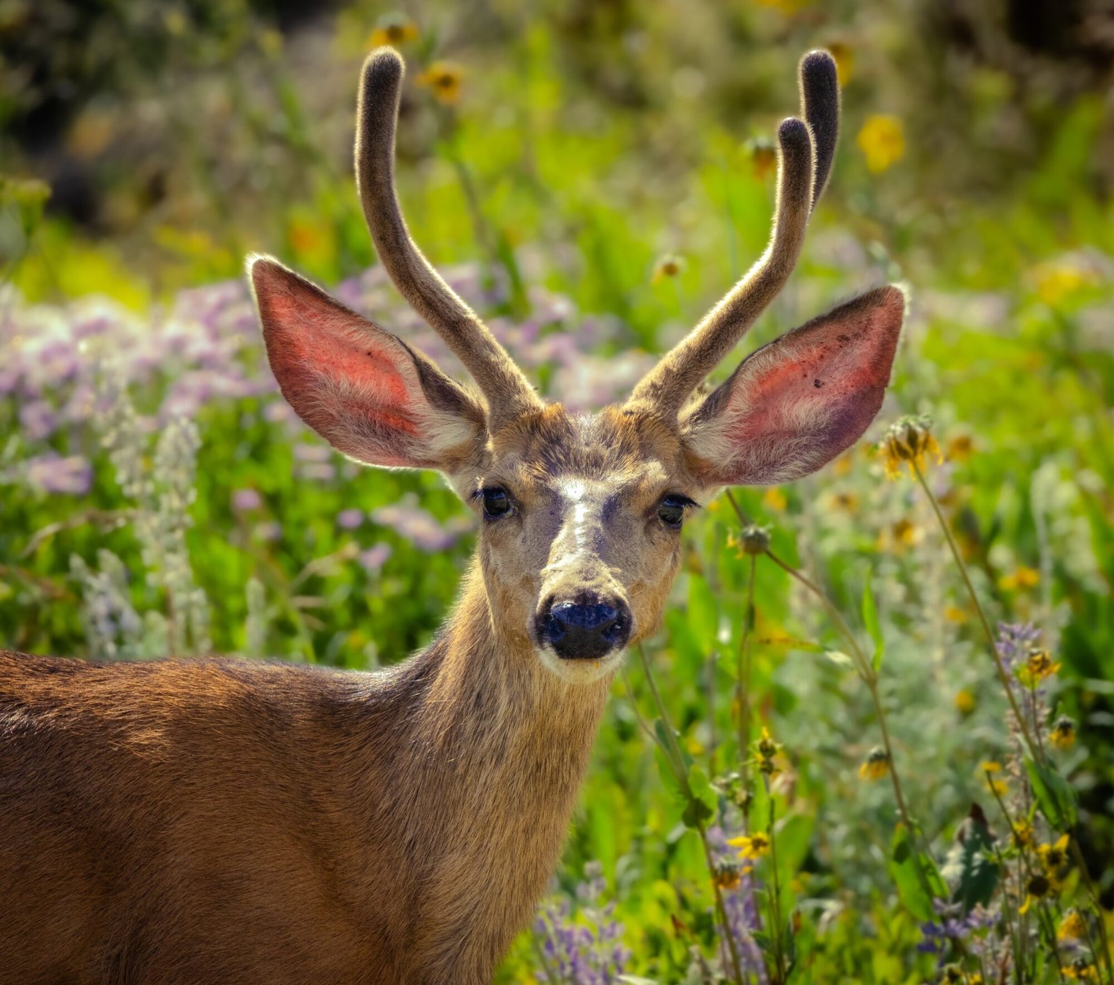 A mule deer buck with velvet antlers standing in wildflowers