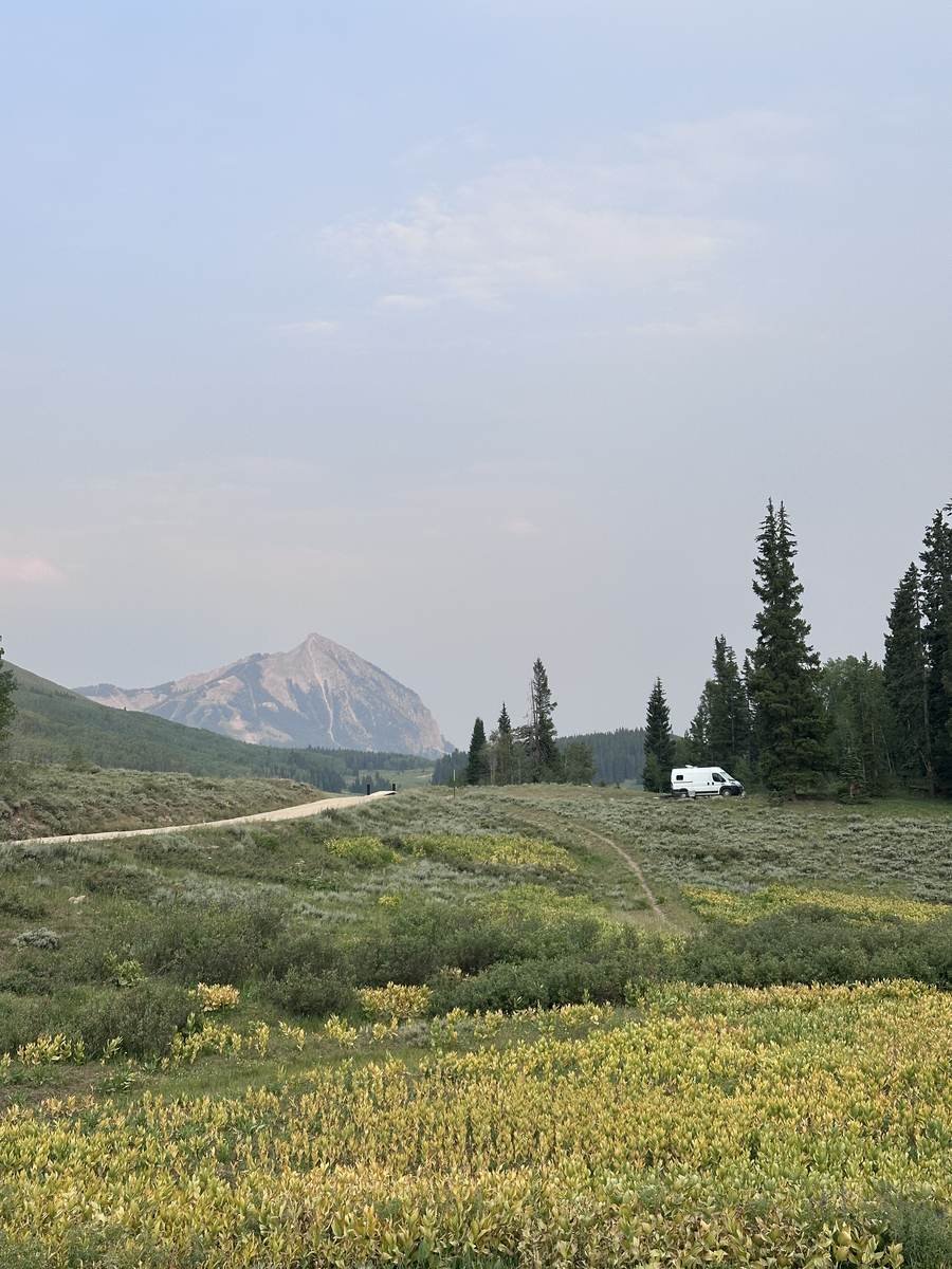 A van parked alone in a mountain meadow at a quiet dispersed campsite